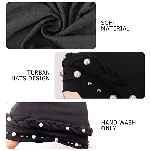 Twisted Braid Turban Cap with Pearls - Black, Pre-Tied Hair Wrap