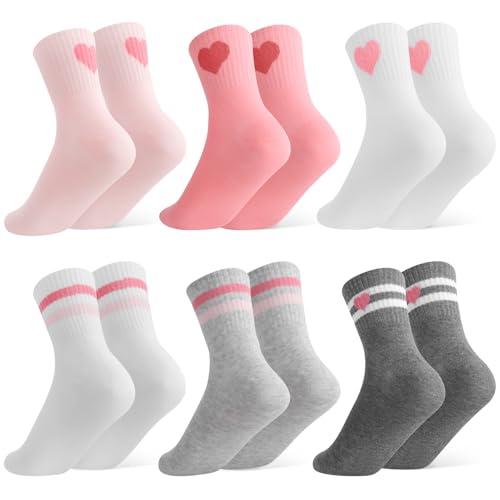 Girls Cotton Crew Socks Set - 6 Pairs with Striped Heart & Bow Patterns - Ages 6-8, Pink White Gray