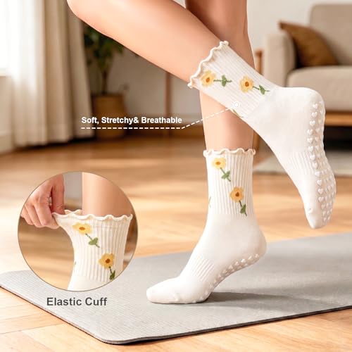 Non-Slip Pilates Grip Socks for Women - 2 Pack Beige Flower & Red Flower