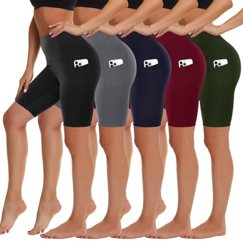 High Waist Biker Shorts for Women with Pockets - 8 Inch, Size XX-Large, Black/Grey/Navy/Wine/Olive, 5 Pack