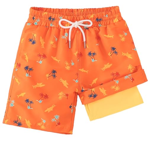 LuLurKiddo Boys Swim Trunks with Compression Liner & Quick Dry Fabric - Palm Trees Orange, 6-7 Years