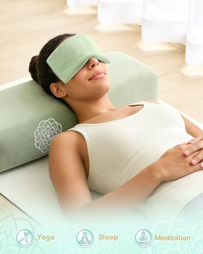 Yoga Bolster Pillow Set - Rectangular Velvet Cushion with Weighted Eye Pillow - Sage Green
