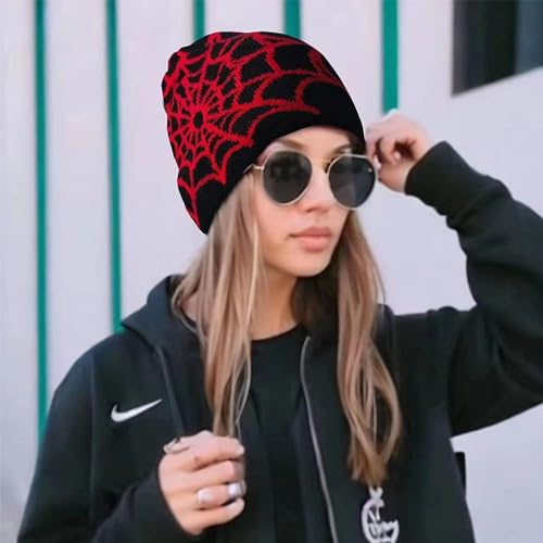Y2K Spider Beanie Hat - Wool Acrylic Knit Skull Cap - One Size Spider-Black Red