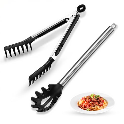 Spaghetti Spoon and Pasta Tong with Grip Teeth Drain Holes, 2-Piece