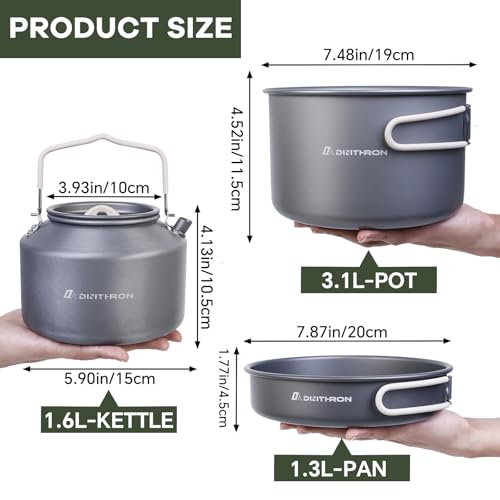 Dinithron 22-Piece Camping Cookware Set Grey, 3.3L Pot & Kettle – Large Capacity