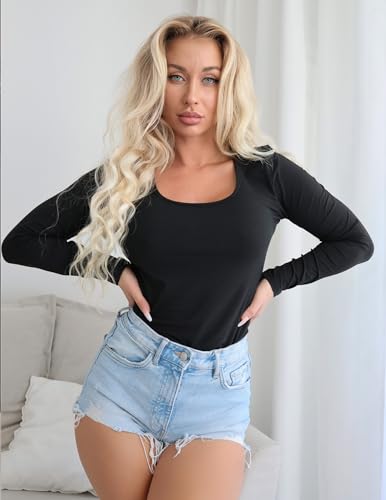 Long Sleeve Thermal Undershirt for Women - Scoop Neck - Medium Black