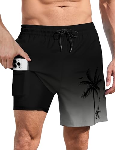 Large Black Grey 7 Inch Men Swim Trunks with Compression Liner & Zipper Pockets - Bathing Suit