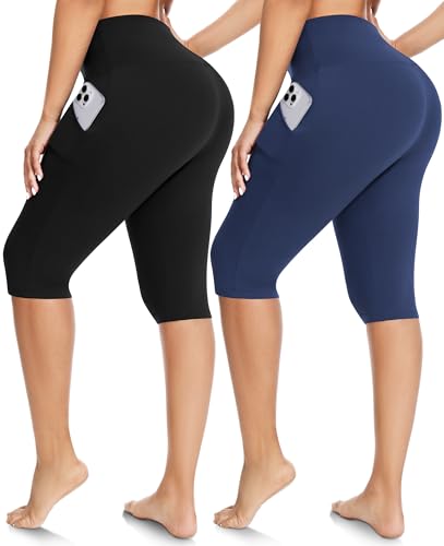 FULLSOFT 2 Pack Women's High Waist Knee-Length Capri Leggings with Pockets - Size Large-X-Large, Black/Navy Blue