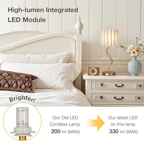 Cordless Scalloped Table lamp, Modern Brass Lamp for Bedside Restaurant Dining Table, 5200-mAh Rechargeable Battery, 3-Level Brightness Dimmable, Build-in Integrated LED 320 Lumen Max