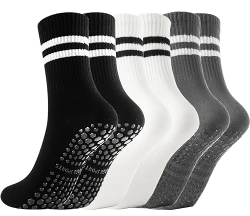 Non-Slip Yoga Grip Pilates Socks for Women & Men - 3 Pairs Black+White+Gray