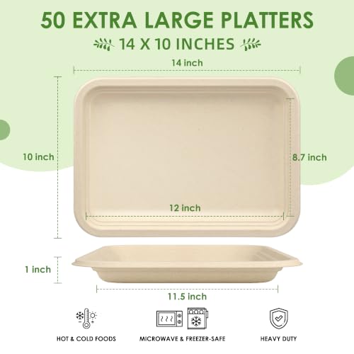 Natural Raw Pulp 50 Pack 14-Inch Heavy Duty Compostable Sugarcane Trays