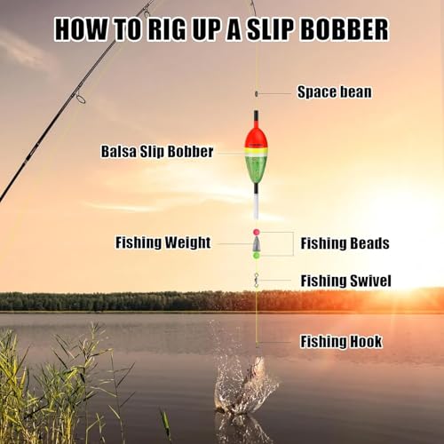 THKFISH Red/Green Mixed 6PCS Slip Bobbers - Balsa Wood Fishing Floats for Crappie Bluegill Trout