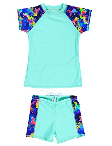 Kids Unicorn Print Two-Piece Swimsuit Set with UV Protection - Green/12-14