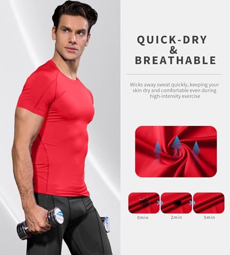 Men's Athletic Compression Shirt - Quick Dry Performance Top - Red, Large