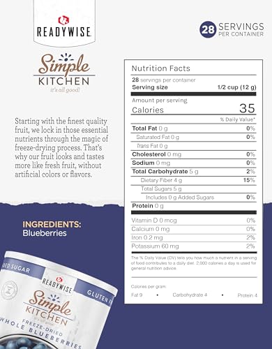 ReadyWise Freeze Dried Blueberries - Whole Blueberries 28 Servings for Camping & Snacks