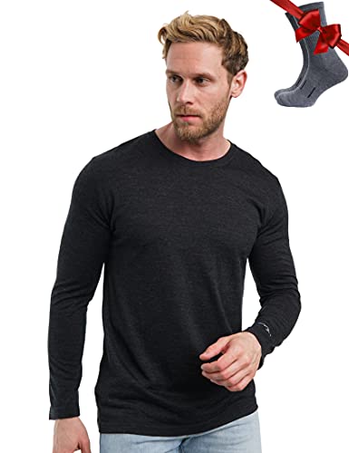 Men's Merino Wool Base Layer Long Sleeve Thermal Shirt & Socks - Large Charcoal Grey