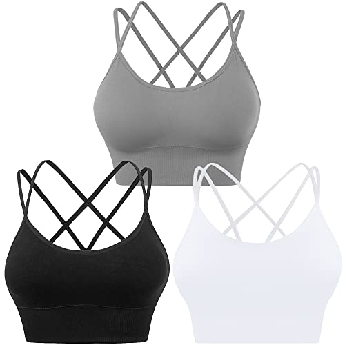 Evercute Women's Cross Back Sport Bras 3-Pack Large Black, White, Gray Padded Low Impact Workout Tops