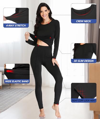 Women’s Thermal Long Johns Set Fleece Lined Winter Underwear Large Black