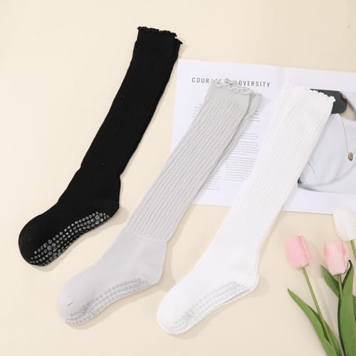 Pilates Socks with Grips for Women - 3 Pack Ruffle Style - White, Grey, Black