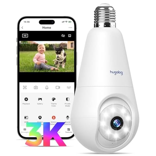 Hugolog 3K 5MP Light Bulb Security Cameras Wireless Outdoor-2.4GHz Cameras for Home Security Indoor with AI Sound Processing&Motion Detection,Color Night Vision,Auto Tracking,Siren Alarm,2-Way Talk