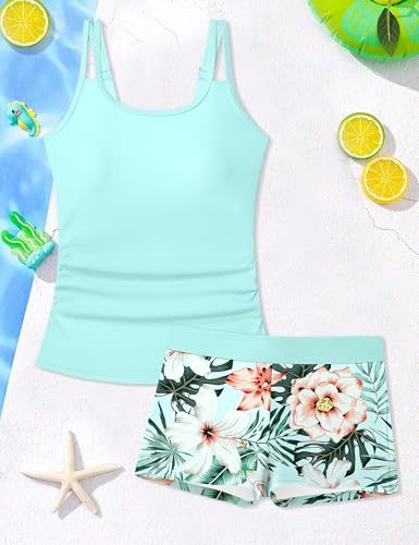 Girls Tankini Swimsuit with Printed Shorts - Light Blue, 15-16Y