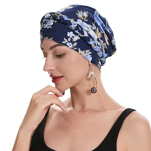 ZLYC Women's Pre-Tied Braid Floral Navy Lightweight Chemo Headwear Turban