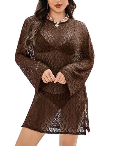 Sheer Lace Swimsuit Coverup for Women - Long Sleeve Beach Dress - Brown, Small