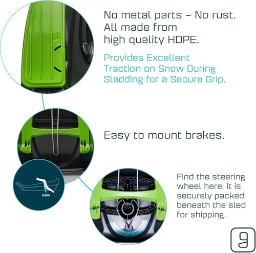 Snow Sled for Kids & Adults - Mystic Green Toboggan with Steering Wheel & Brake