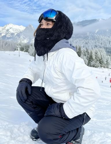 Fleece Balaclava Face Mask - Windproof Neck Warmer - Black Large