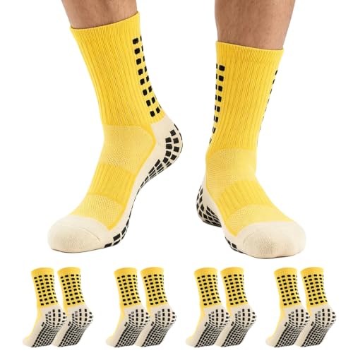 Anti-Slip Grip Soccer Socks for Men - 4 Pairs, One Size - Yellow