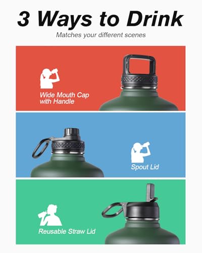 Coolflask 64oz Dark Green Insulated Half Gallon Water Bottle with Straw & Leakproof Lids