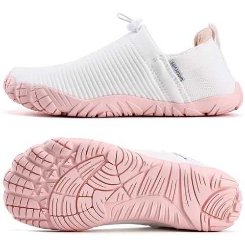 WateLves Water Shoes Women & Men - Lightweight Striped Barefoot Water Footwear, Size 8 Women / 7 Men, White Pink