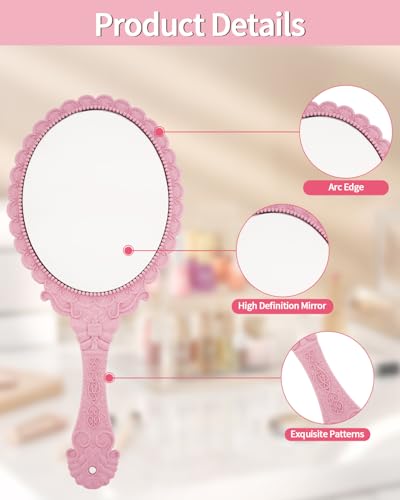 Vintage Handheld Makeup Mirror with Handle - Nano Pink