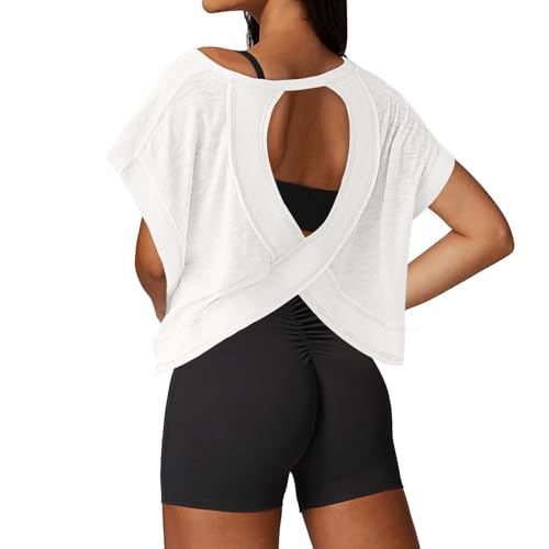 Open Back Workout Top for Women - Loose Fit Athletic Crop Tee