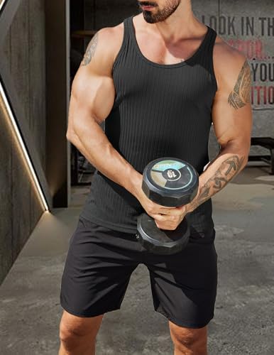 Men's Workout Tank Top - Ribbed Knit Sleeveless Gym Tee - Black, Large