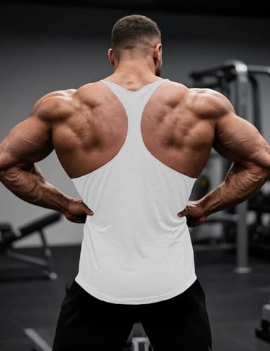 Muscle Cmdr Men's Bodybuilding Stringer Tank Top Y-Back Workout T-Shirt - Medium White 1 Pack