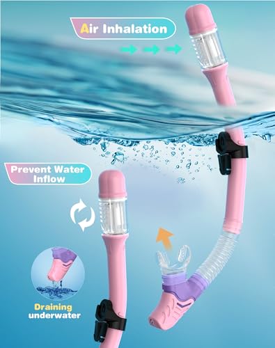 Kids Snorkel Set with Dry Top Mask & Fins - BlueGreen+VioletPink, Kid's Water Gear
