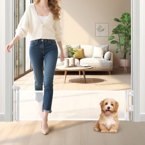 Short Dog Gate,14" Tall Retractable Baby Gate to Step Over, Puppy Mesh Pet Gates Doggy for Doorways Stairs, Extends up to 59" Wide for Kitchen Hallways Indoor, White