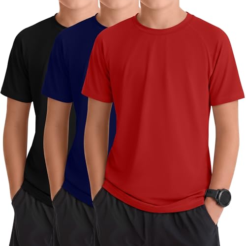 Boys' Rash Guard Swim Shirts - 3 Pack, Red, Navy, Black - 9-10 Years