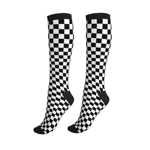 Mshutbna Compression Socks Knee High for Women & Men, Athletic Circulation Support, One Size (Black/White Plaid)