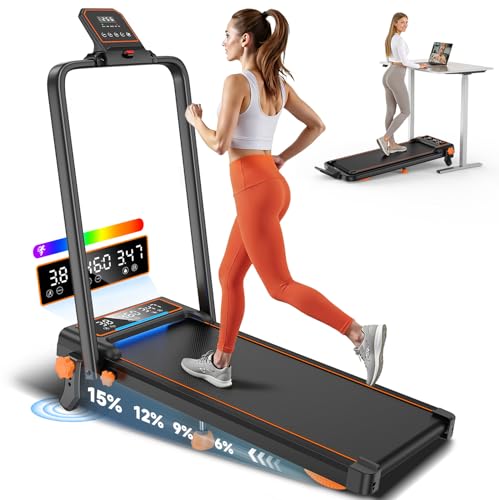 Portable Treadmill with 15% Incline, Dual Display & RGB Light - Black