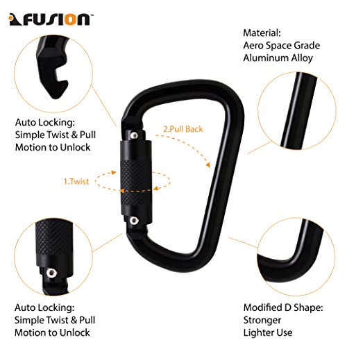 Fusion Black Auto Lock Aluminum Carabiner - Lightweight & Strong for Climbing, Camping, Hiking, & Outdoor Use