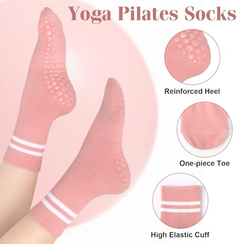 Grippy Pilates Socks for Women - Non-Slip Crew Socks - Black/Pink/White/Gray