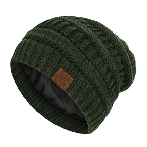 Satin Lined Beanie for Women - Warm Knit Cuffed Hat - Army Green
