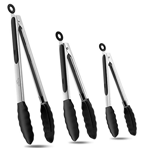 Bnlcd 3-Piece Black Silicone Kitchen Tongs - Stainless Steel Locking Utensils