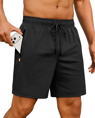 Men's Athletic Running Shorts - 7 Inch Quick Dry with Zipper Pockets - Large, Black