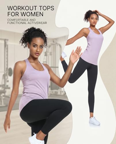 TELALEO Women's Workout Tank Tops 5 Pack Racerback Compression Sleeveless - Slim Fit & Medium Sizes, Black/Grey/White/Red/Purple
