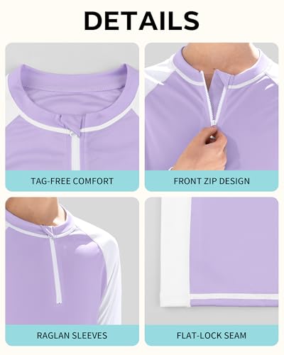 Rash Guard for Girls - UPF 50+ UV Protection Swim Shirt, Zip Up, Long Sleeve - Purple/White, 13-14 Years