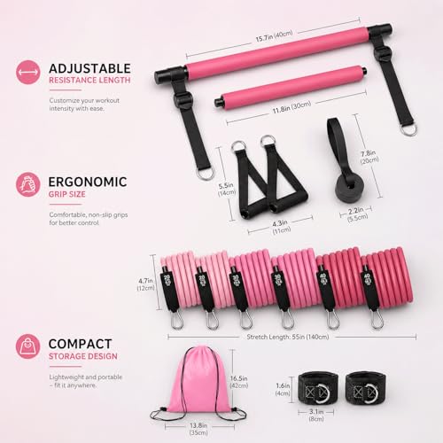 Adjustable Pilates Bar Kit with Resistance Bands for Home Workouts