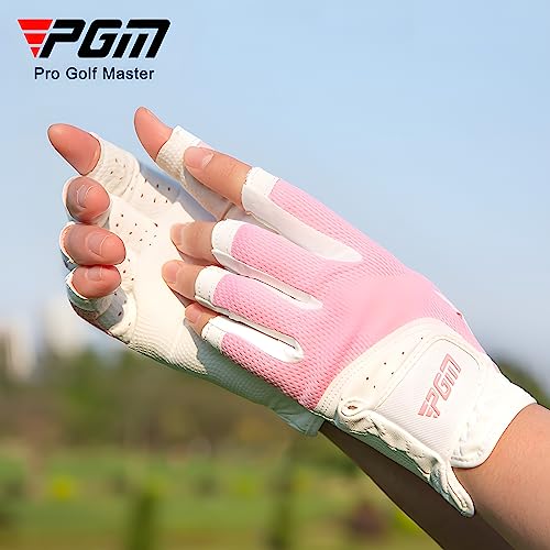PGM Women's Golf Glove One Pair - White Pink, Open-Finger, Breathable Mesh, Improved Grip, X-Small